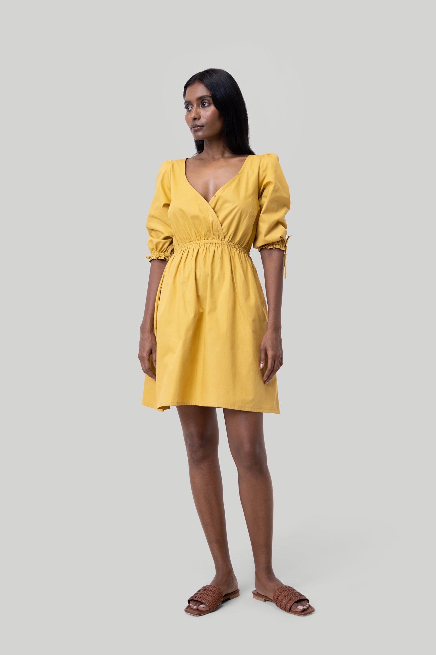 Gathered Elbow Sleeve Short Dress in Mustard-0