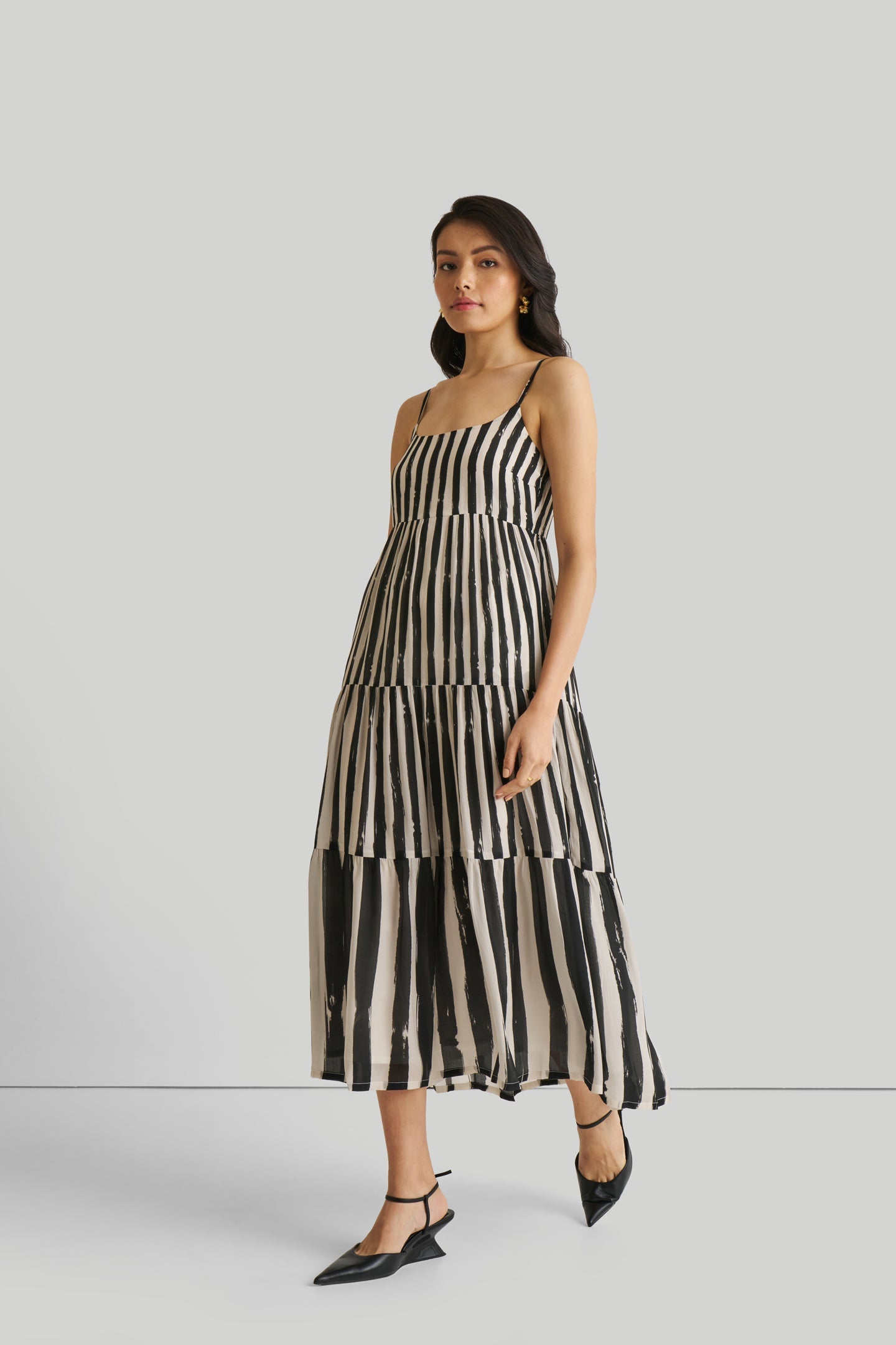 Strappy Tiered Maxi Dress in Black Stripes-3